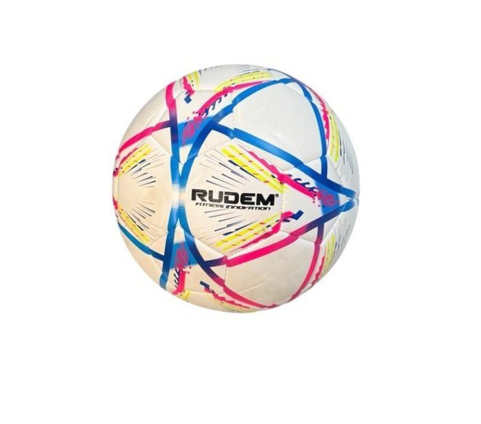 PELOTA BLNCA CON AZUL Y FUCSIA e1754347278408 - PELOTA DE FUTBOL RUDEM CUERO PVC FOAM 3.5MM (BLANCA CON FUCSIA)